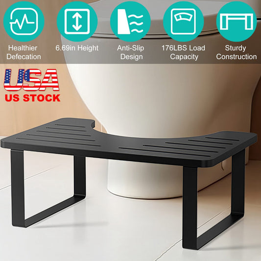 Black bathroom bench in front of a toilet with feature icons and text on a beige background
