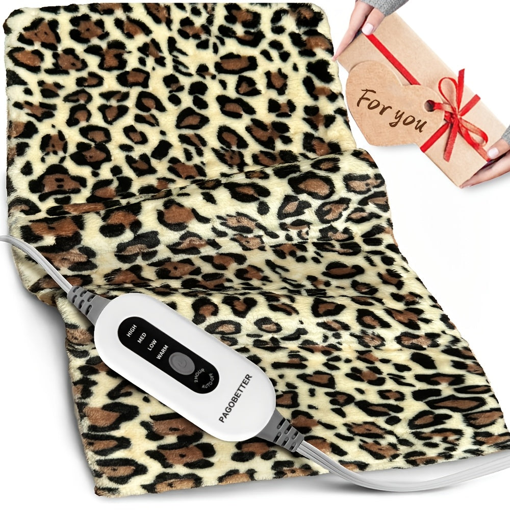 Cream leopard-print electric heating pad with controller, plush blanket with cable