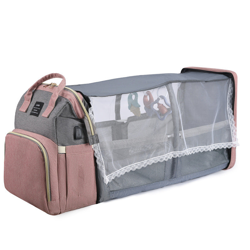 Insulated baby crib backpack, gray and mauve, open mesh bassinet compartment with lace trim