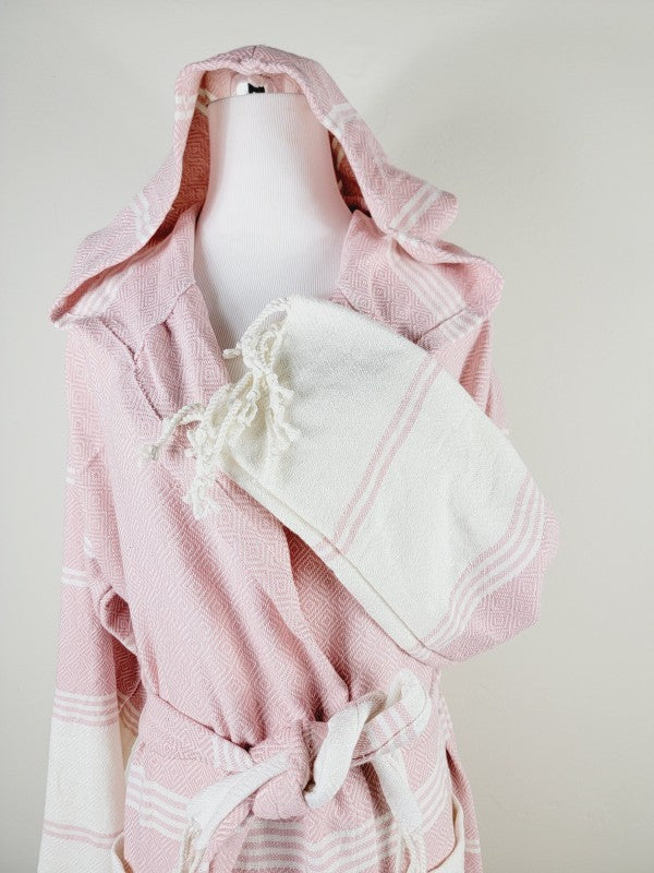Pink hooded robe with shawl collar and tie belt; pocket detail with drawstring