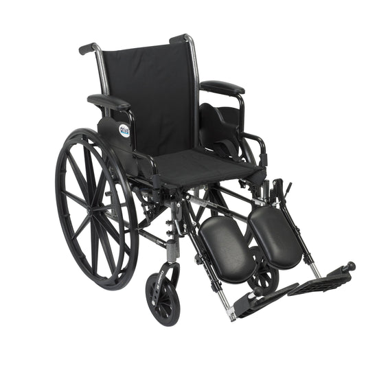 Black wheelchair with flip-back arms and elevating leg rests, 18 in seat