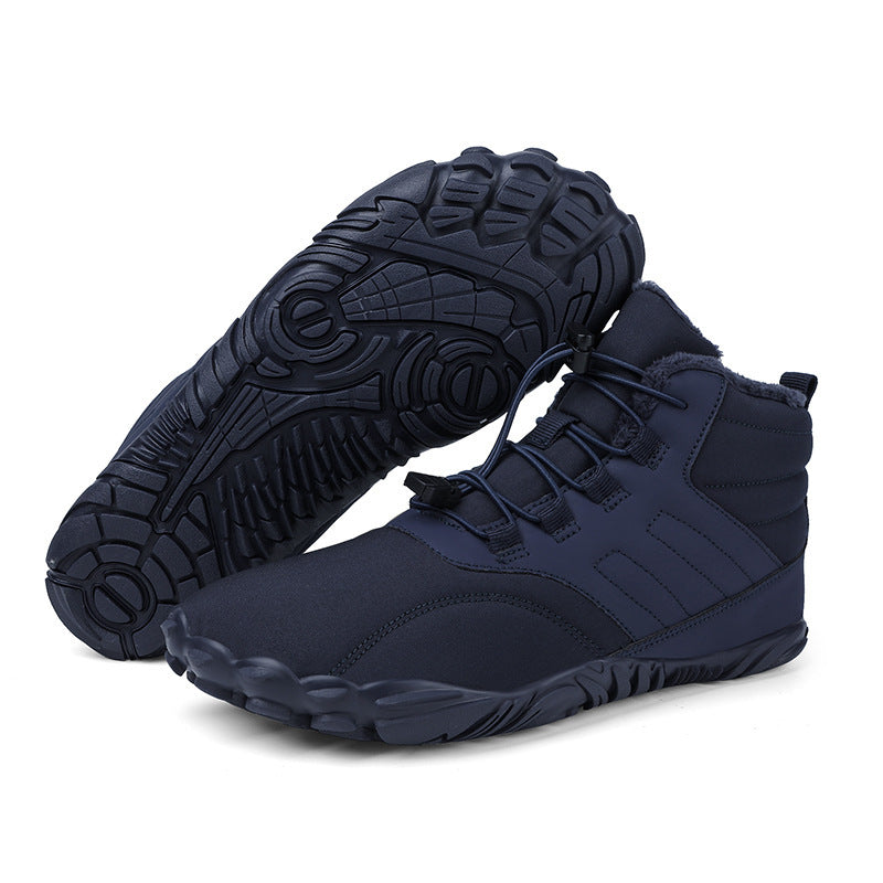 Men's dark-blue snow boots, side view with thick tread outsole and lace-up closure