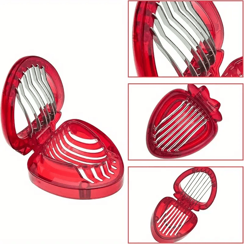 Red kitchen slicer with multiple angles on a white background