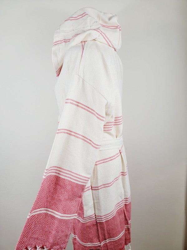 Unisex hooded robe side view with red-and-white striped fabric and tasseled hem