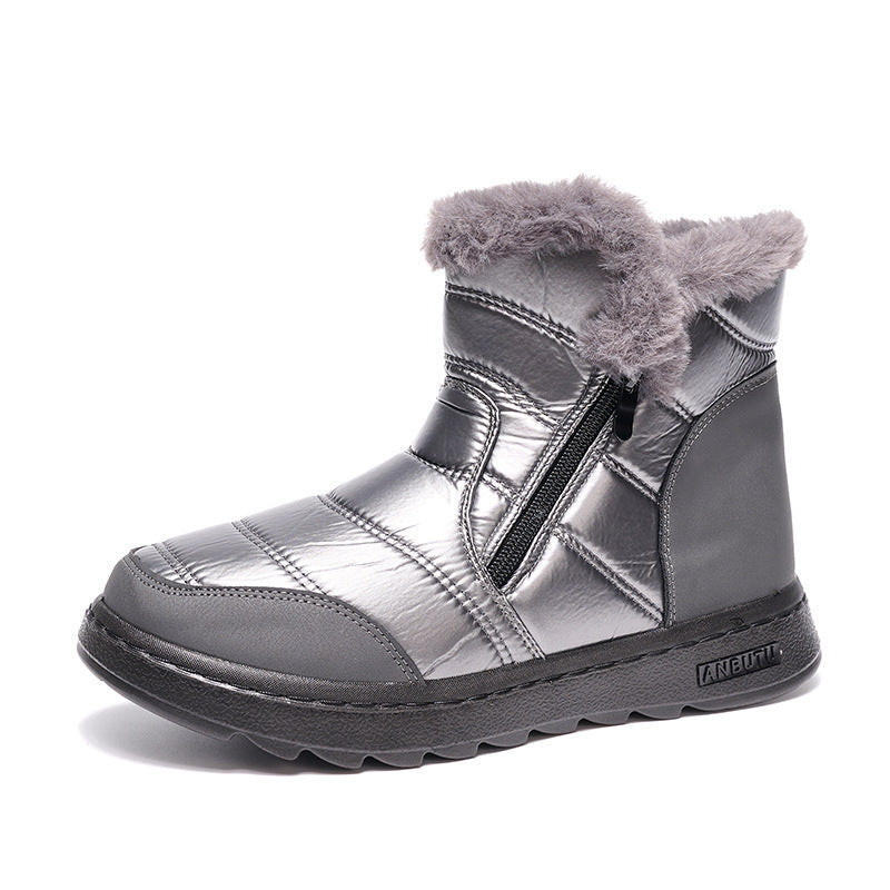 Winter snow boots, silver-gray faux-leather with gray faux-fur cuff, side zipper, thick sole