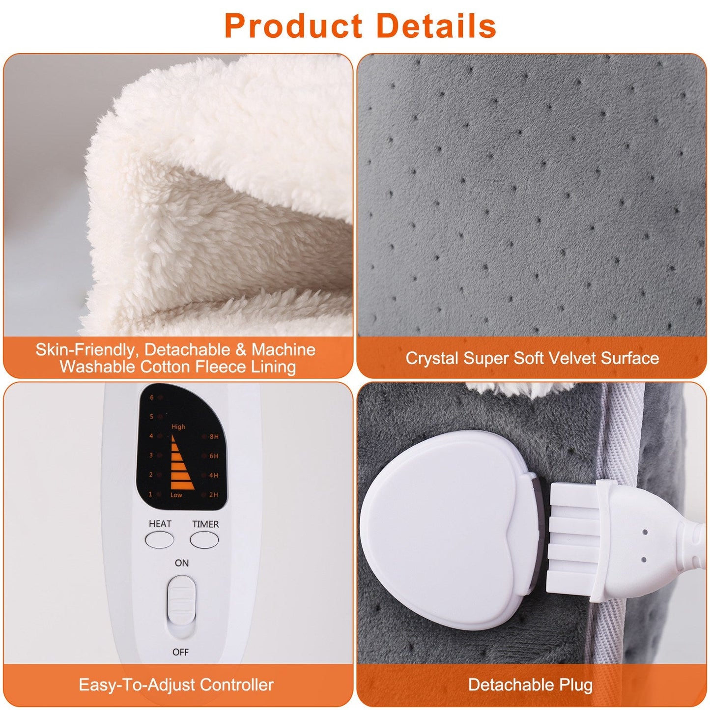 Heated foot warmer details: white fleece lining, gray velvet surface, detachable plug