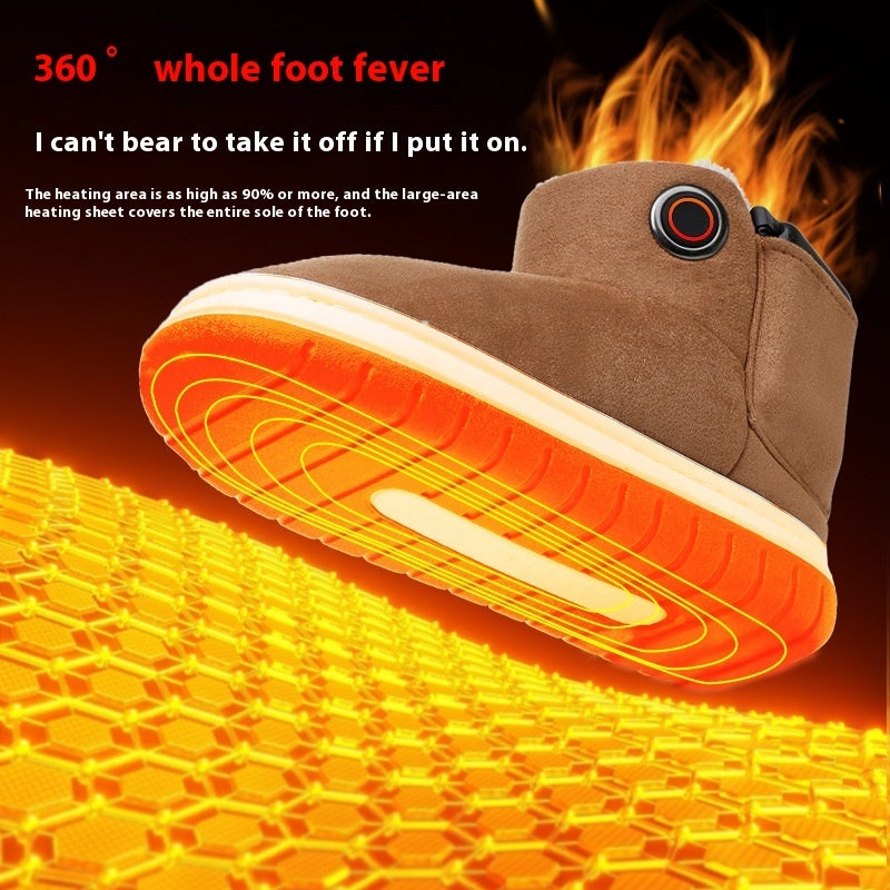Brown electric heated cotton boots with glowing heated sole and round control