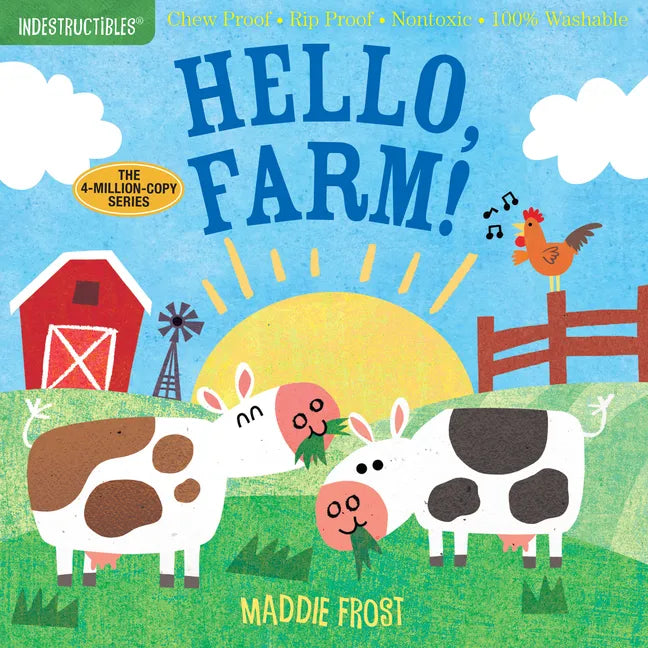 Farm animals children's paperback book cover: Hello, Farm! with cow, pig, hen