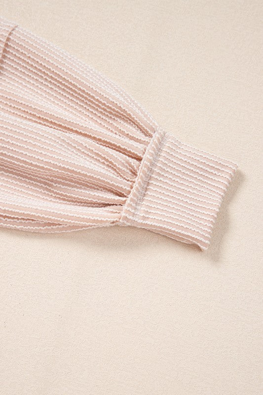 Long sleeve cuff detail, blush pink striped corded knit fabric