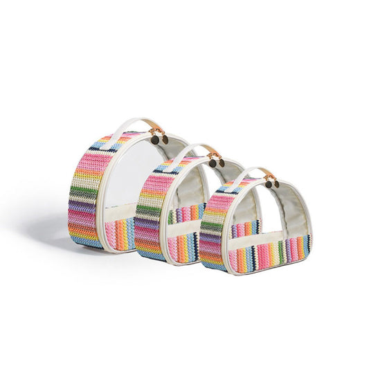 Rainbow striped semicircular clear cosmetic bag with arched handles and button closures