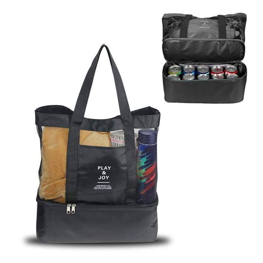 Black insulated cooler tote bag with zip top, mesh side panels, and carry handles