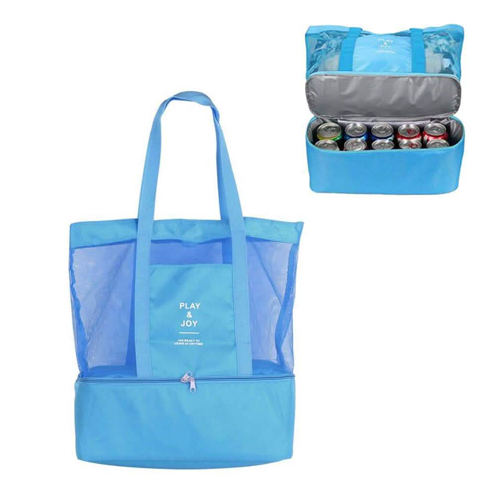 Blue insulated cooler tote bag with zip top, mesh side panels, and carry handles