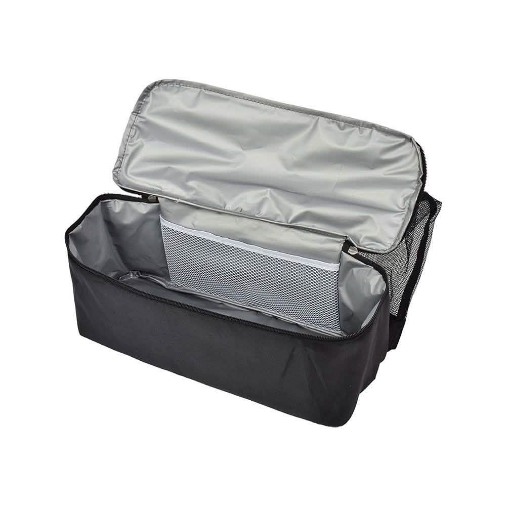 Black insulated cooler tote bag with lid open, silver lining, and zippered interior pocket