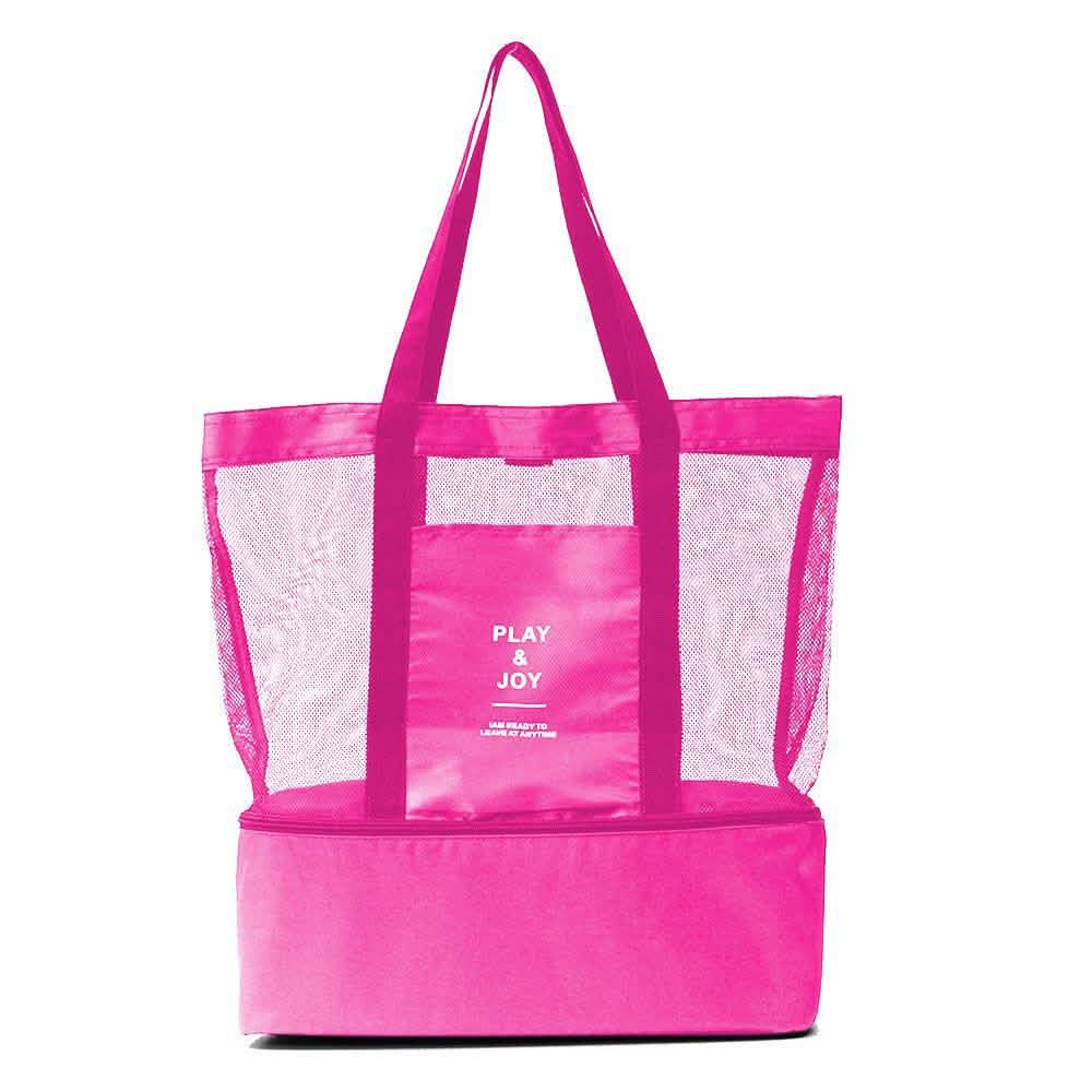 Pink insulated cooler tote bag with mesh panels, front logo panel, and carry handles