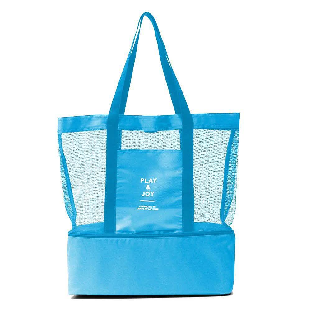 Blue insulated cooler tote bag with mesh panels, front logo panel, and carry handles
