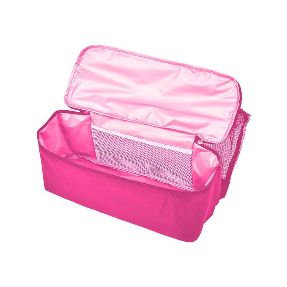 Pink insulated cooler tote bag with lid open, silver lining, and zippered interior pocket