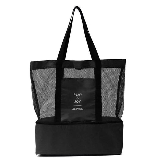 Black insulated cooler tote bag with mesh panels, front logo panel, and carry handles