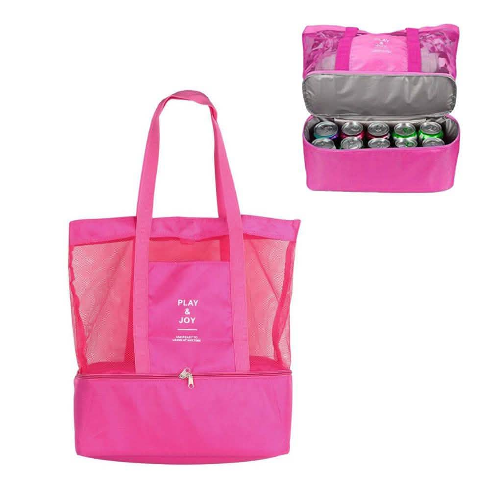 Pink insulated cooler tote bag with zip top, mesh side panels, and carry handles