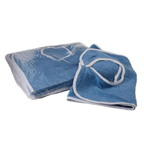 Adult terry bib in blue, folded with looped neck strap and round opening