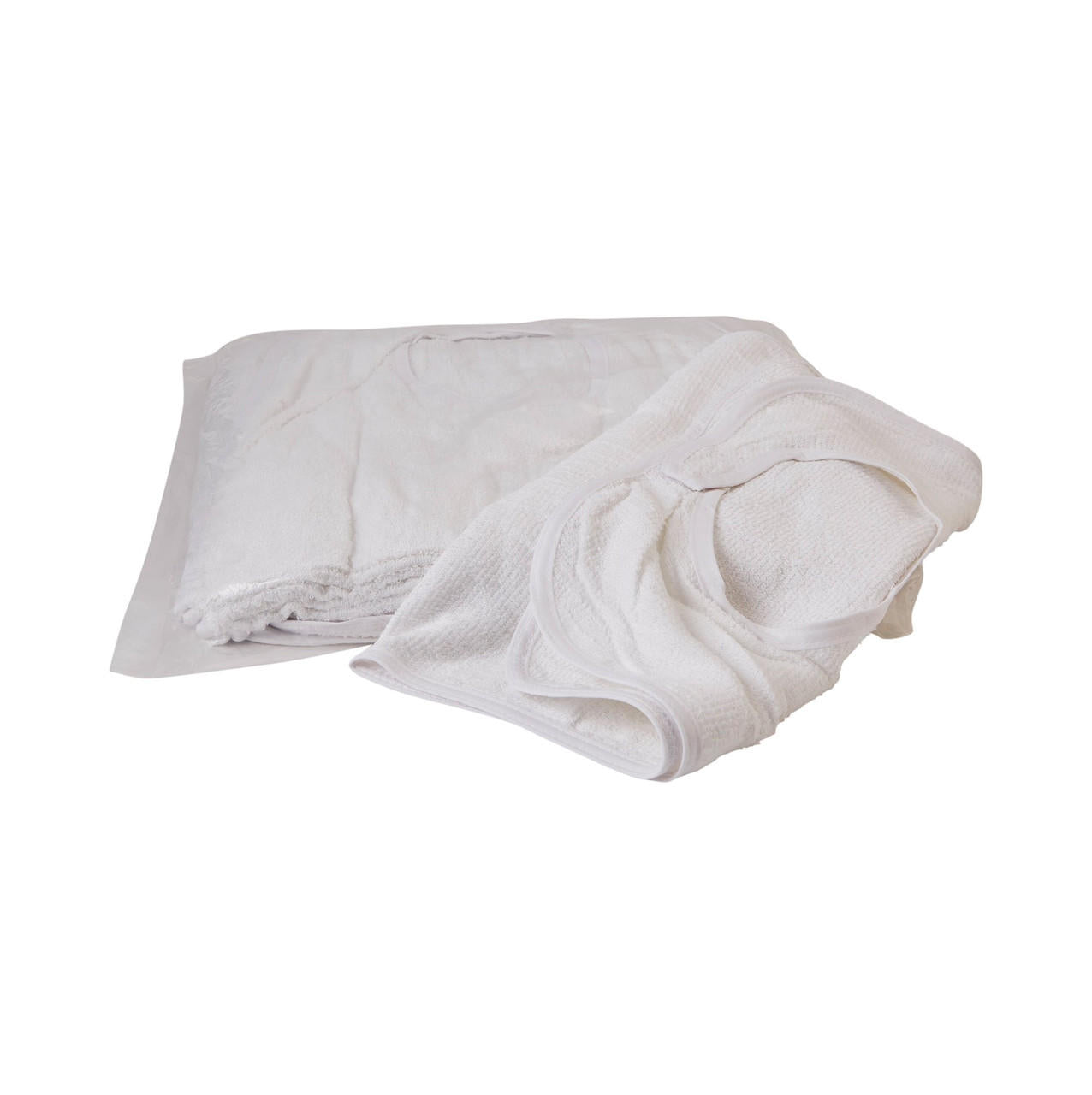 Adult terry bib in white, folded with looped neck strap and round cutout