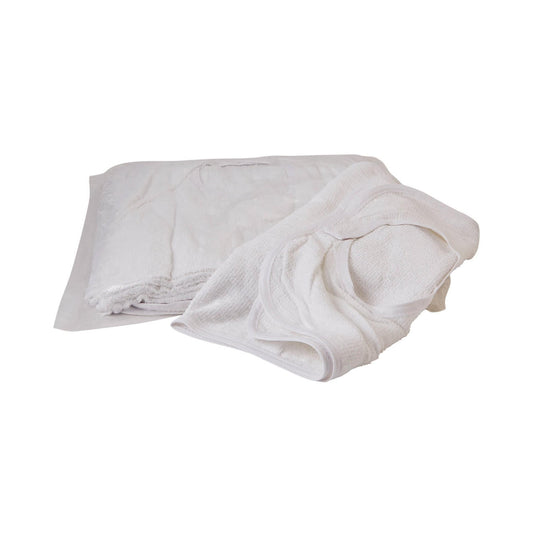 Adult terry bib in white, folded with looped neck strap and round cutout