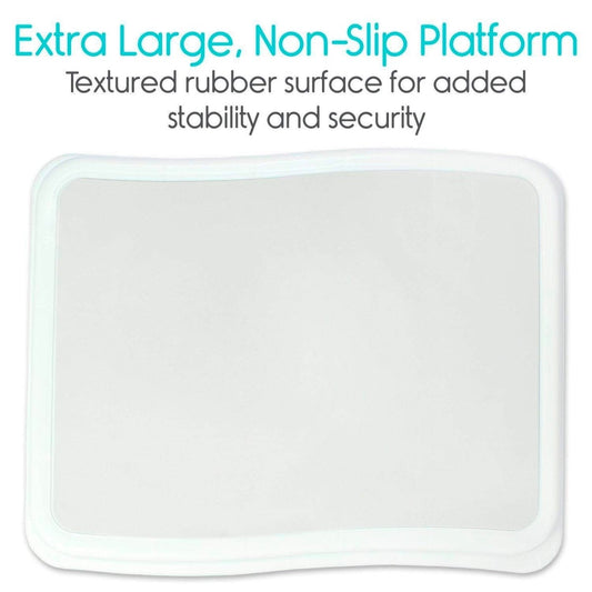 Bed step platform with grippy textured top surface, rounded corners, light blue/gray
