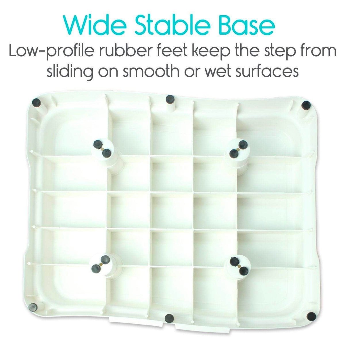 Underside of bed step with wide grid base and multiple rubber feet, light blue/gray