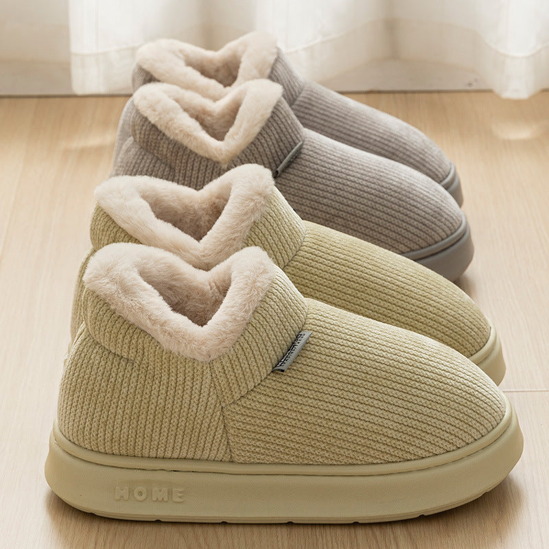 Ankle wrap cotton slippers in khaki knit with plush cream lining and padded collar