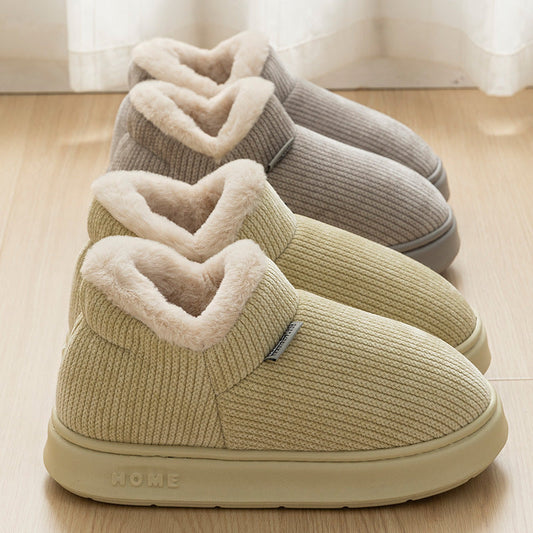 Ankle wrap cotton slippers in khaki knit with plush cream lining and padded collar