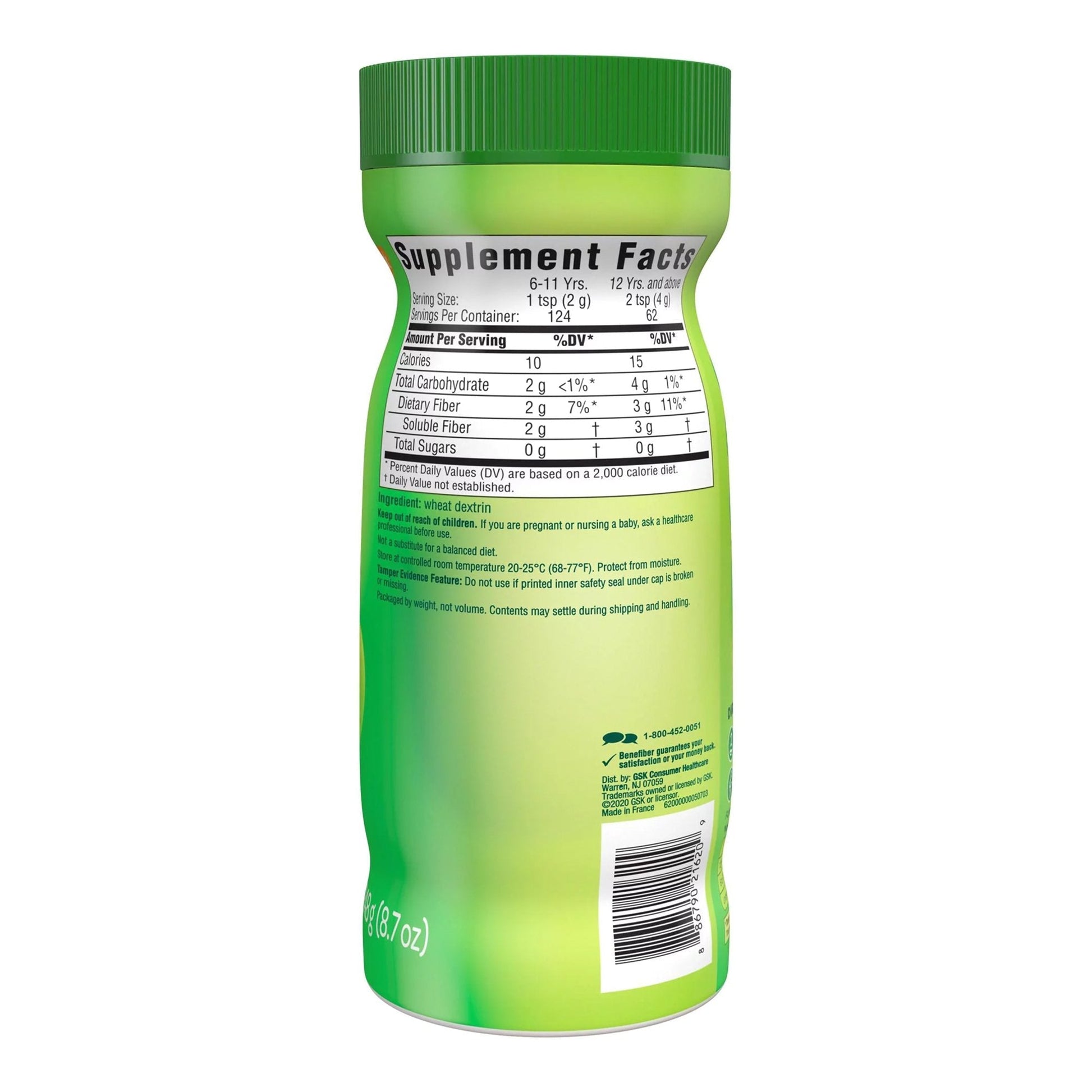 Benefiber bottle back label with Supplement Facts and barcode