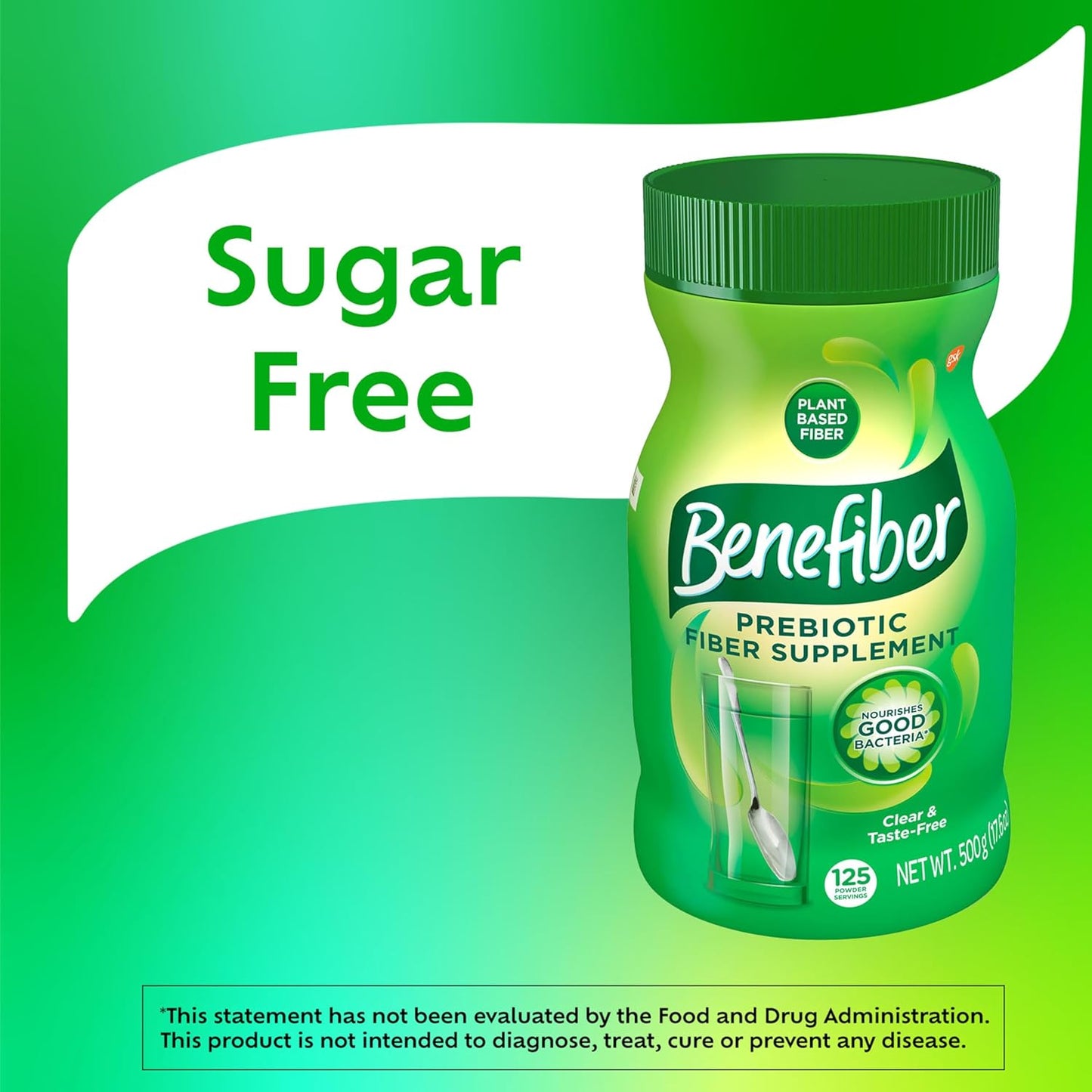 Infographic: Sugar free Benefiber prebiotic fiber supplement bottle, clear & taste-free