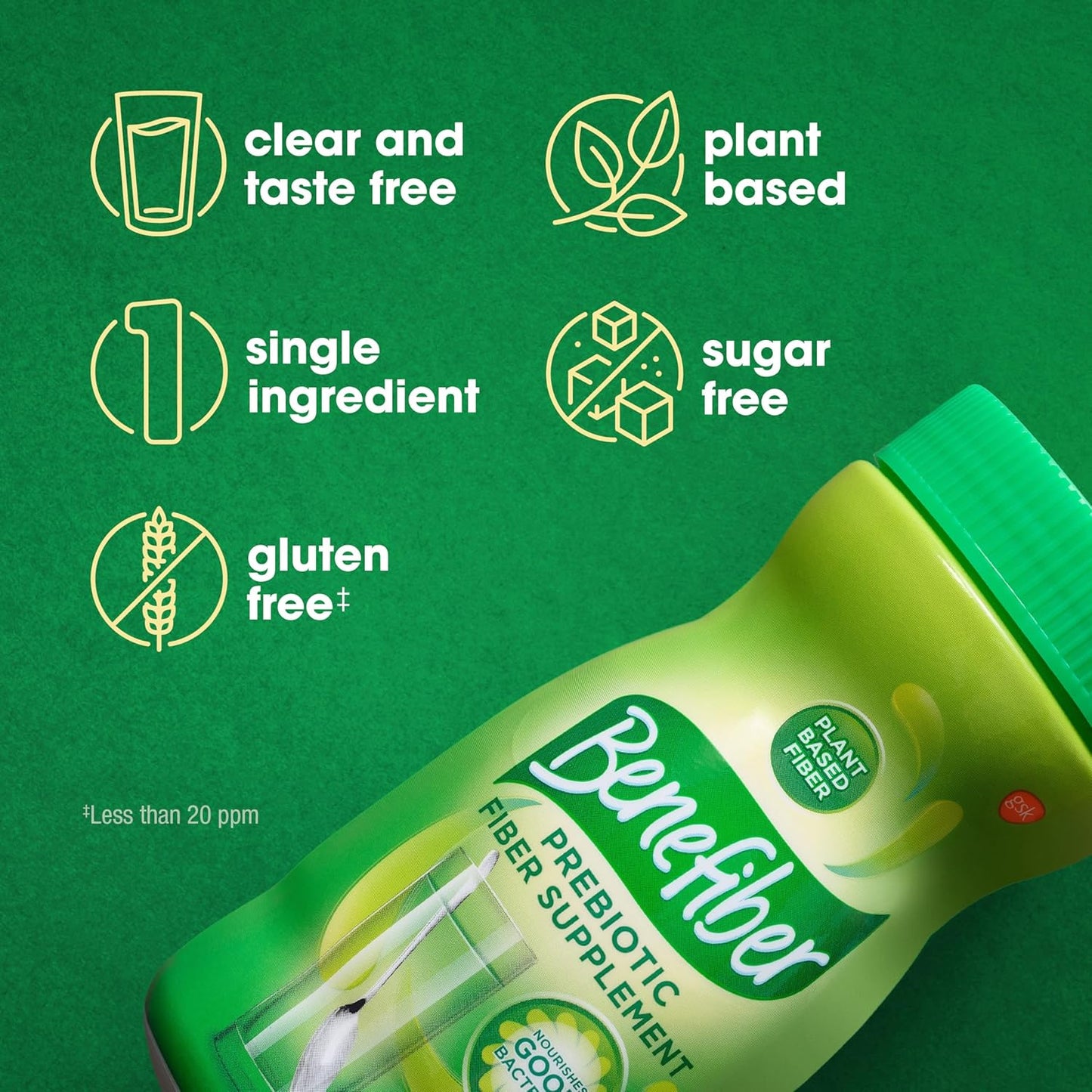 Benefiber prebiotic fiber supplement jar, plant-based fiber label close-up