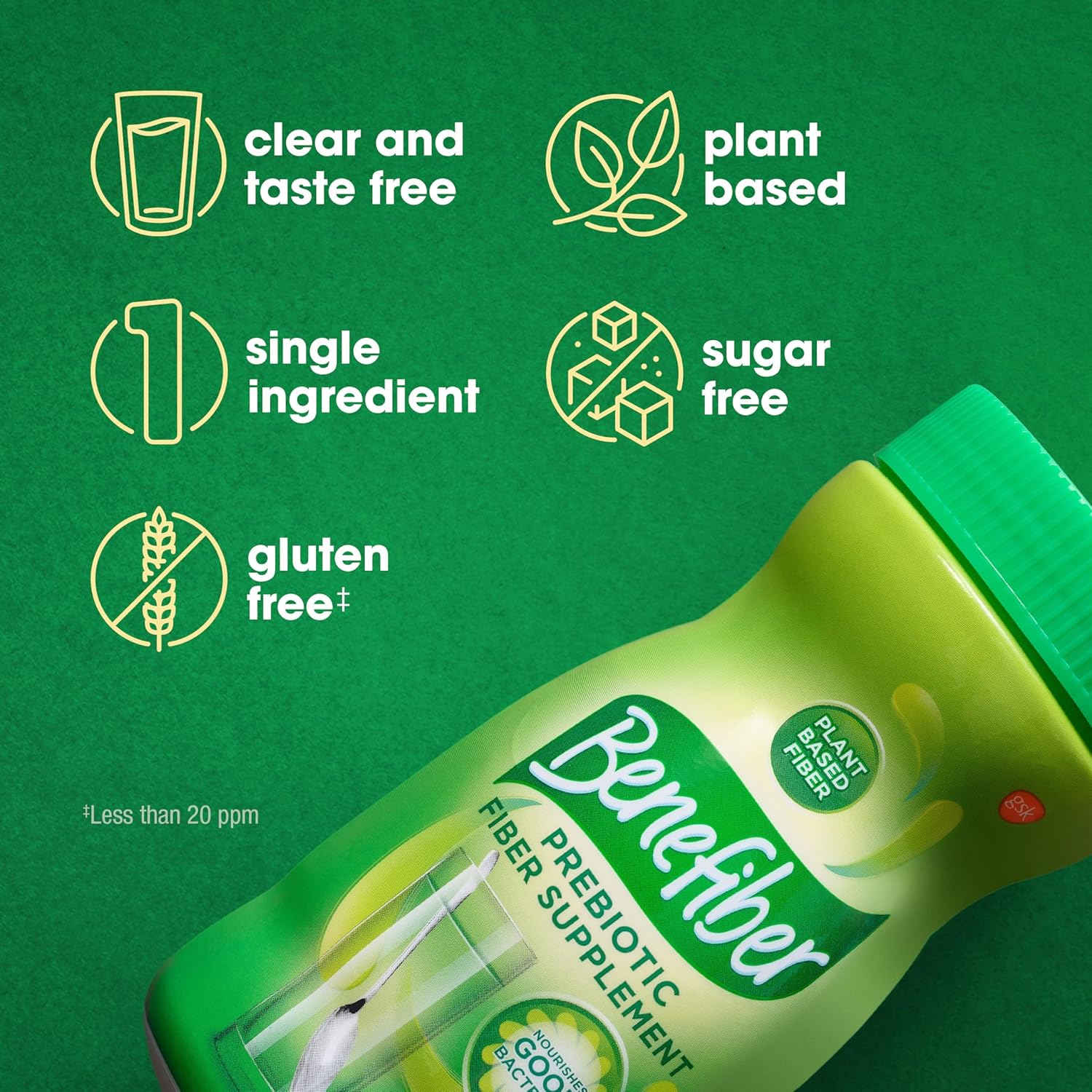 Benefiber prebiotic fiber supplement jar, plant-based fiber label close-up