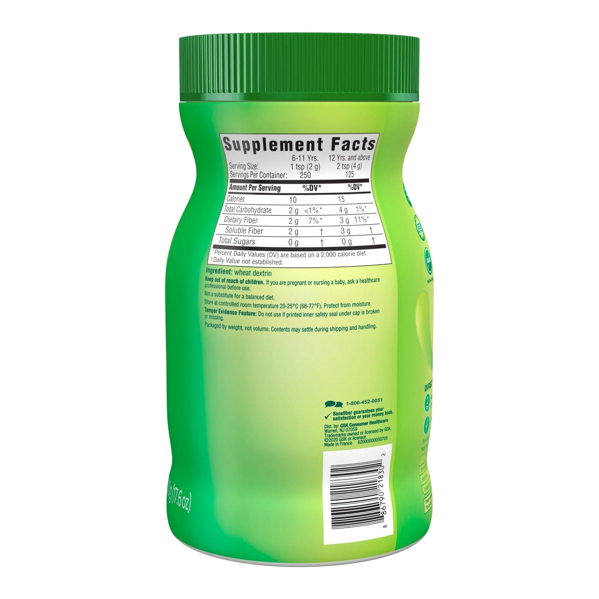 Benefiber bottle back label with Supplement Facts and barcode