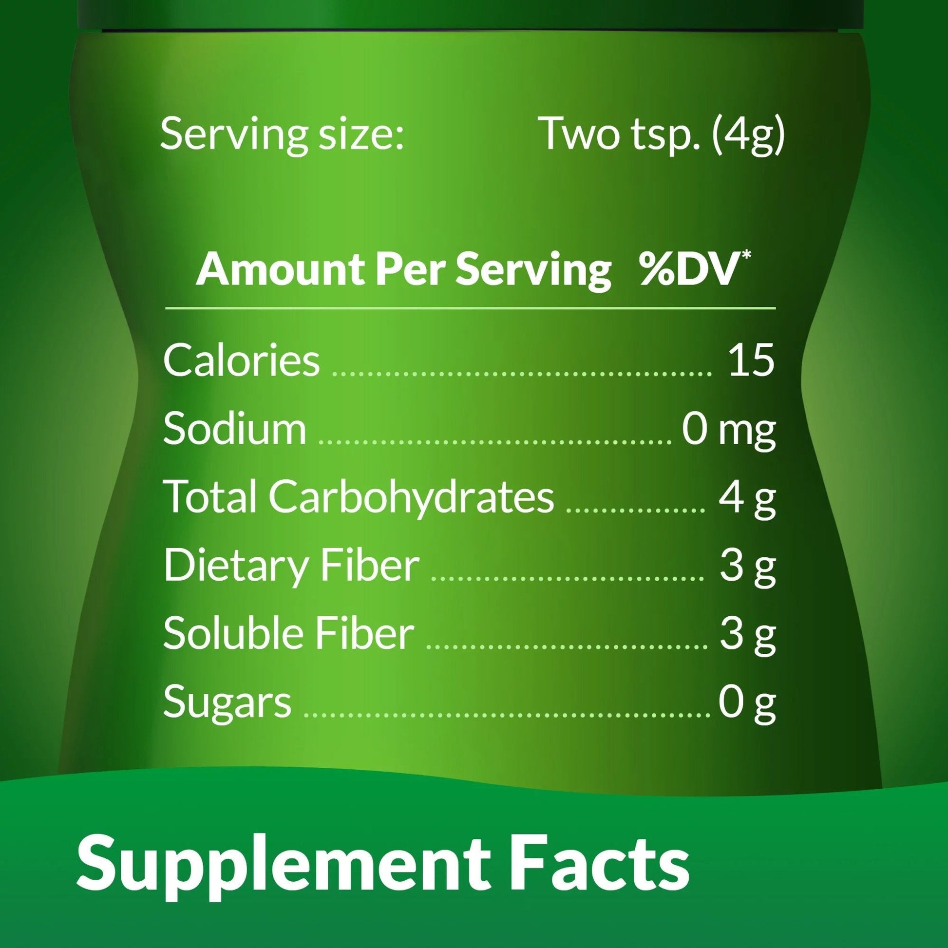 Benefiber Supplement Facts: serving size two tsp (4 g); Dietary Fiber 3 g