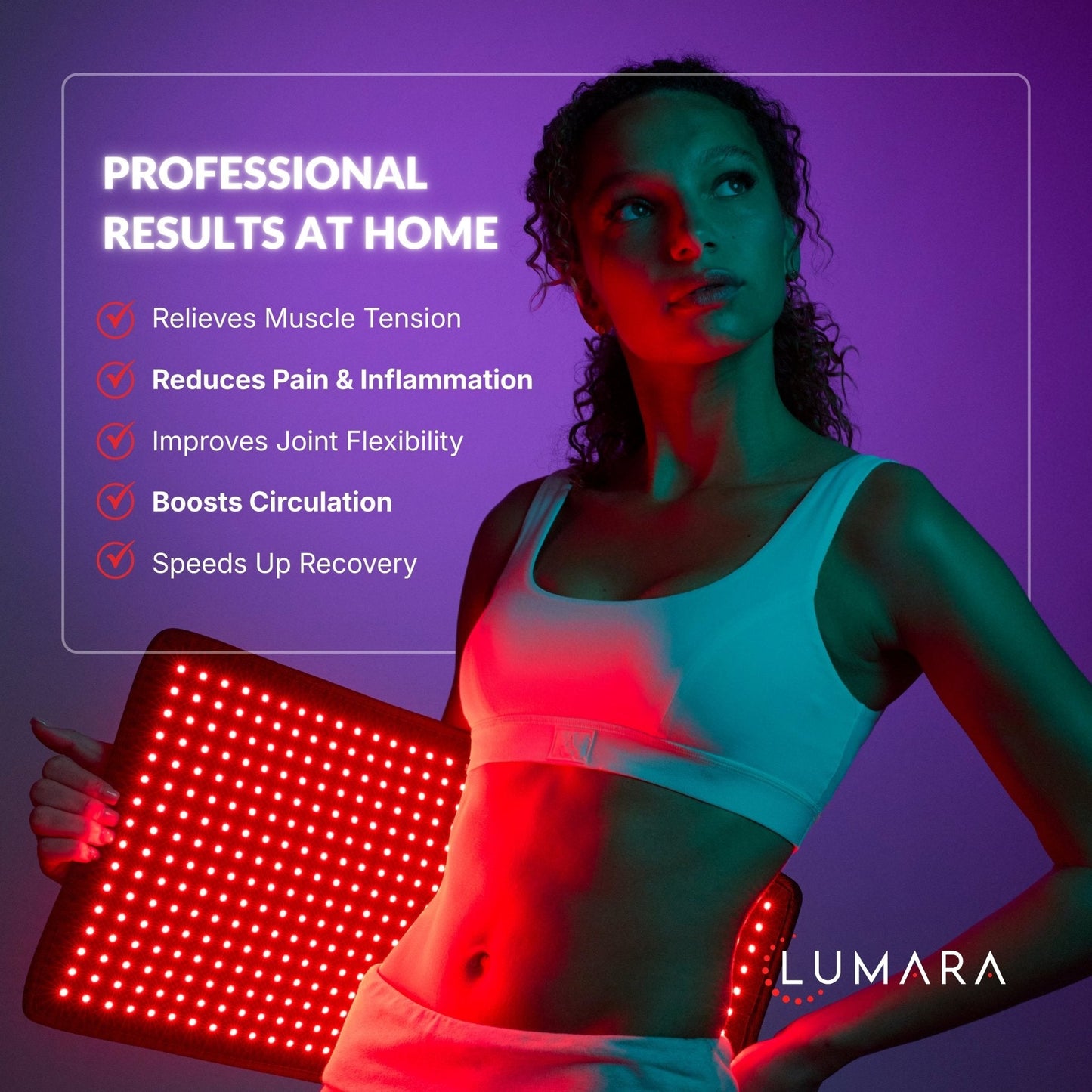 LED therapy pad with red-lit dot array, shown across the torso