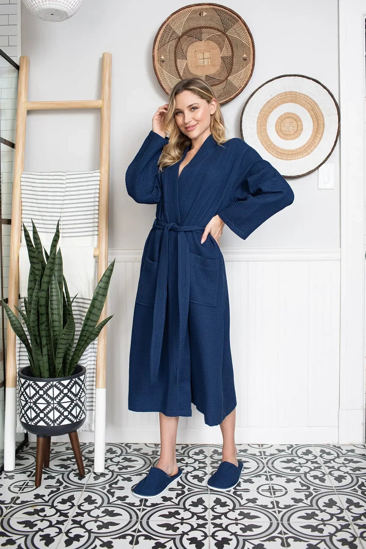 Navy waffle-textured robe with V-neck and waist tie belt, long sleeves
