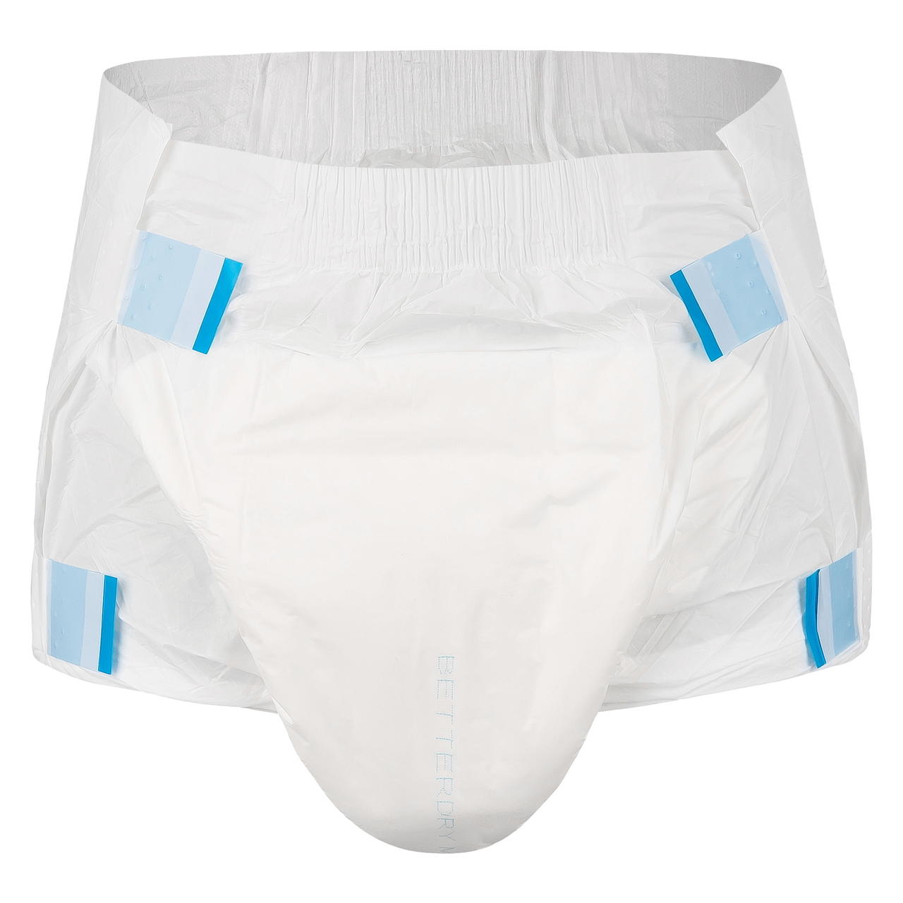 Adult diaper front view, white brief with blue fastening tabs