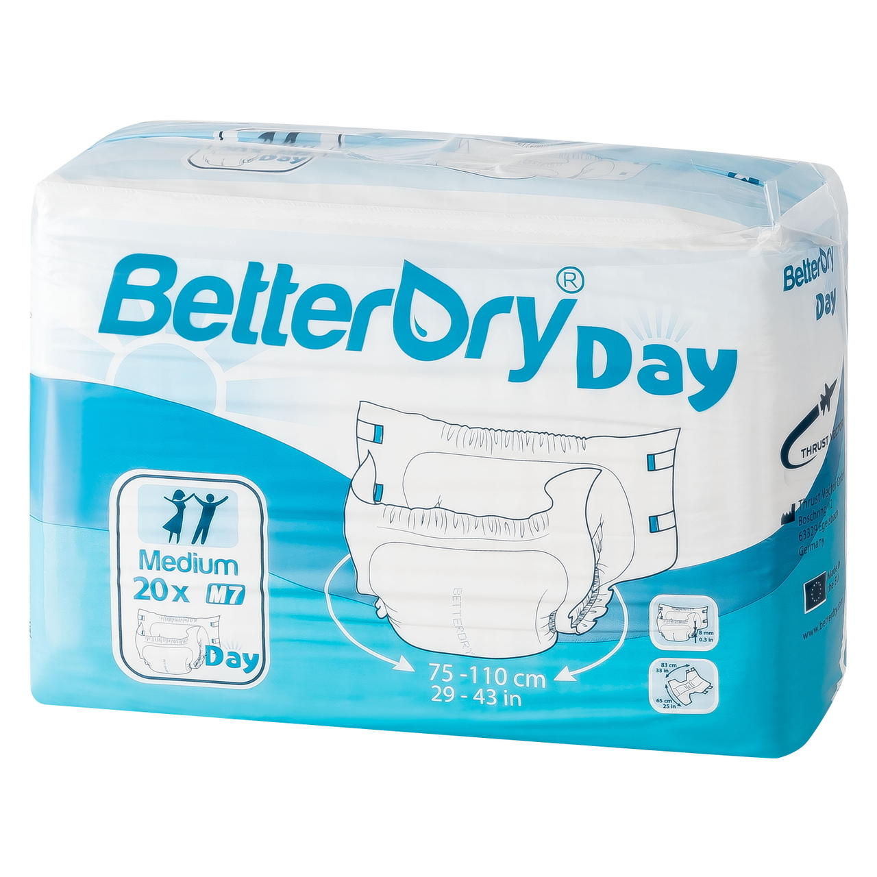 Adult diapers, Medium size: white pad with blue fastening tabs