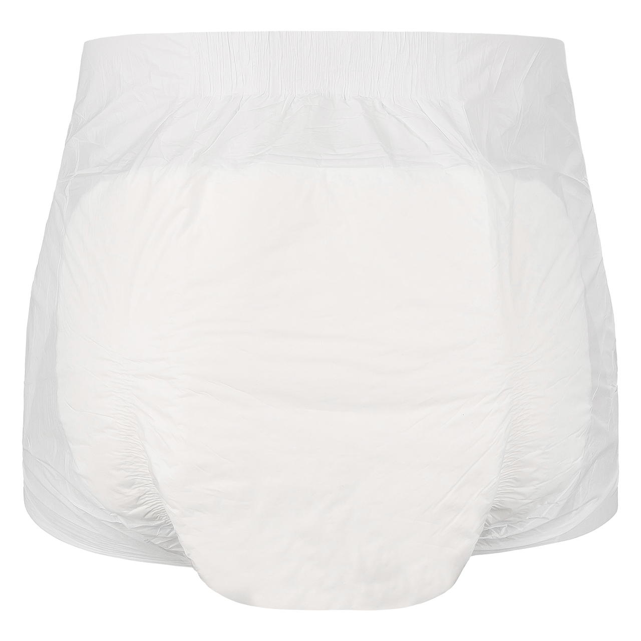 Adult diaper back view, white brief with protective backing and no visible tabs