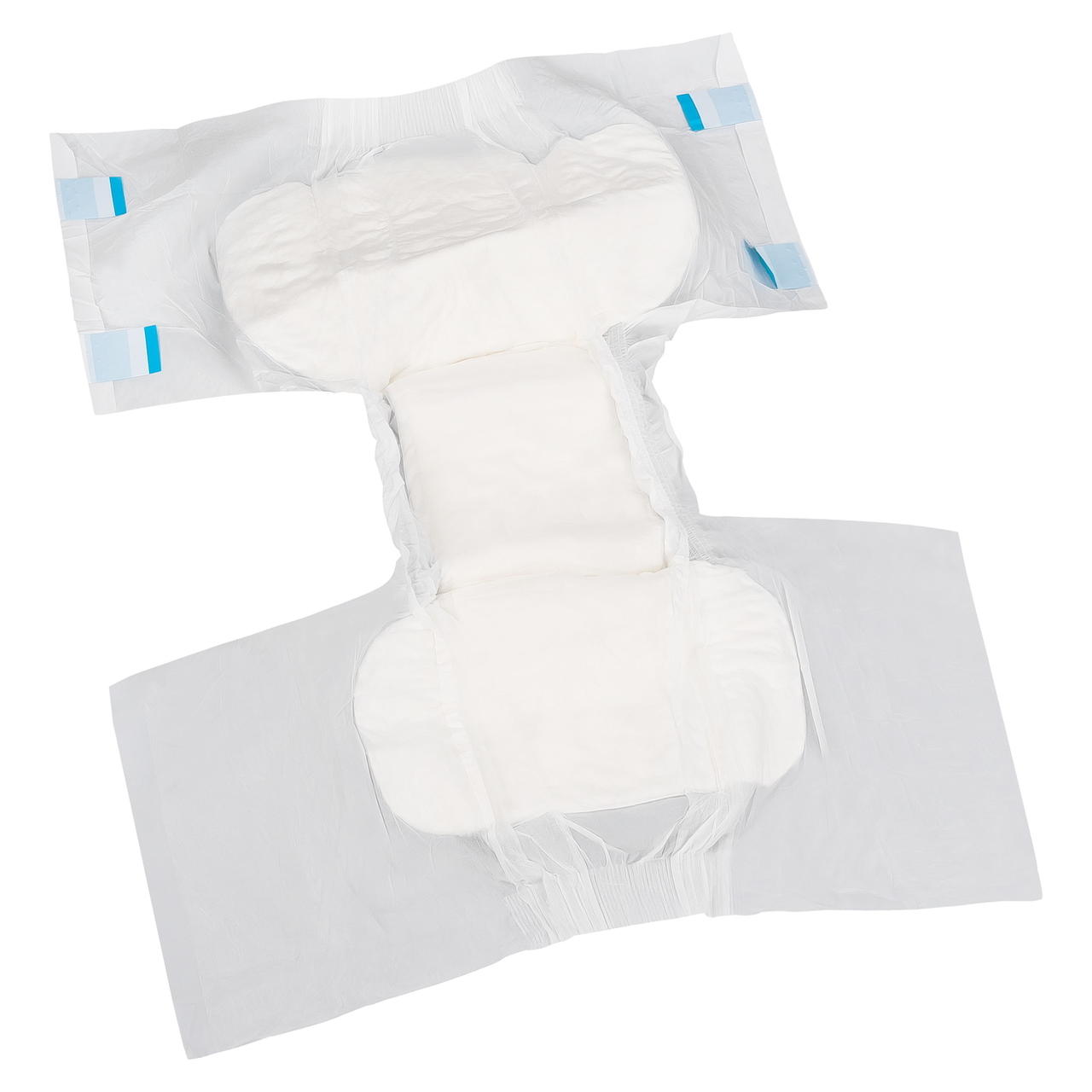 Adult diaper opened for use, white pad with blue side tabs and back sheet
