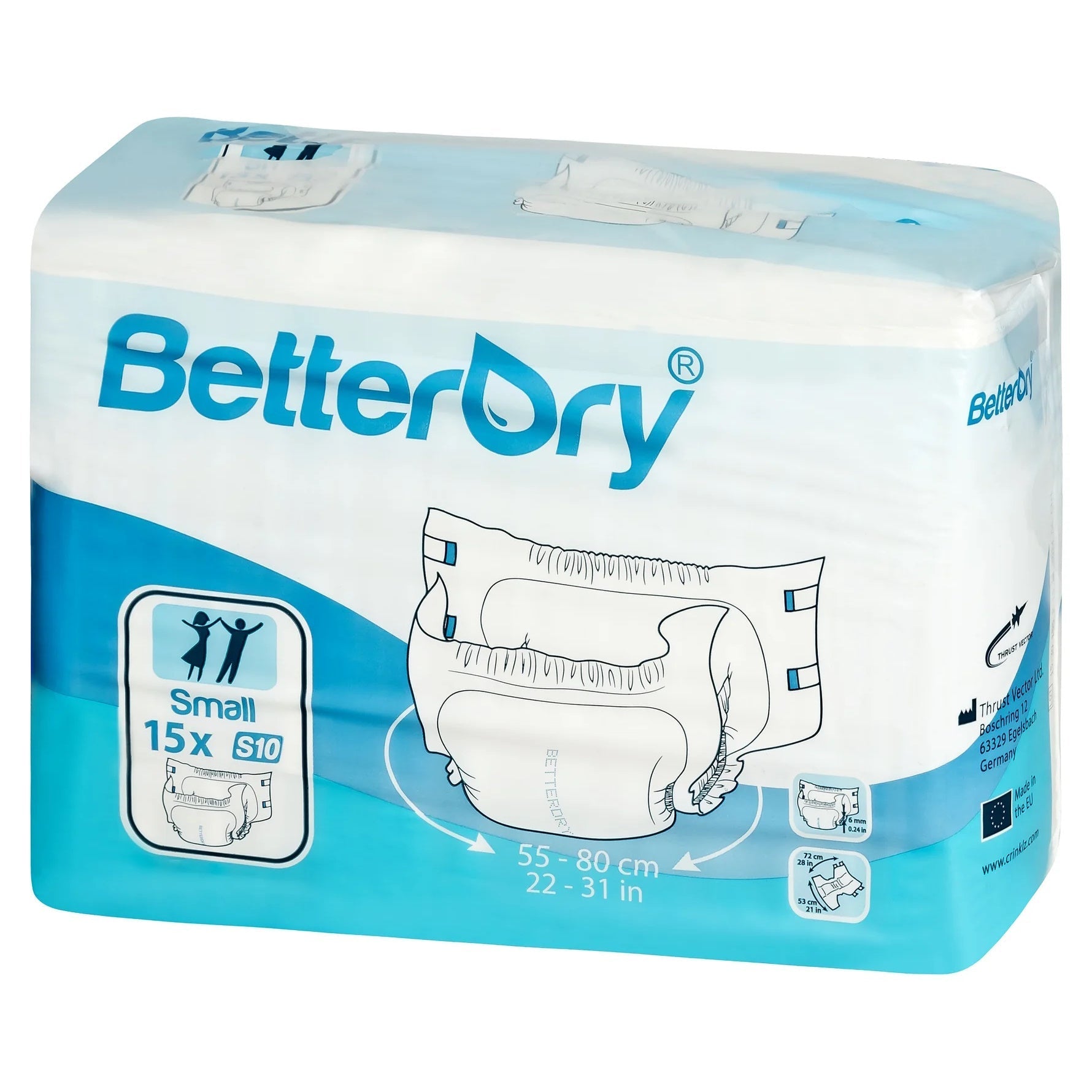 Adult diapers Small S10, 15-count, plastic backing, blue-and-white package
