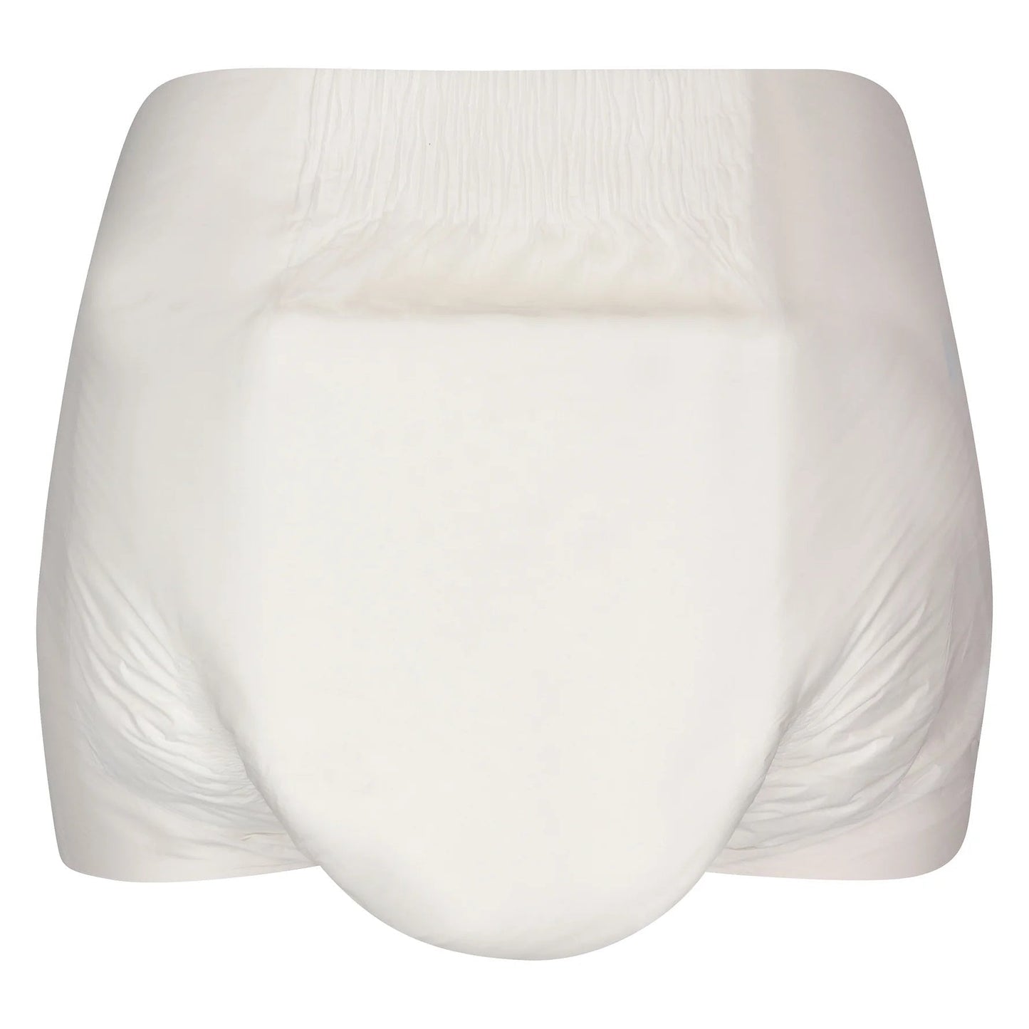 White adult pull-up style diaper viewed from back, blue tabs, plastic backing