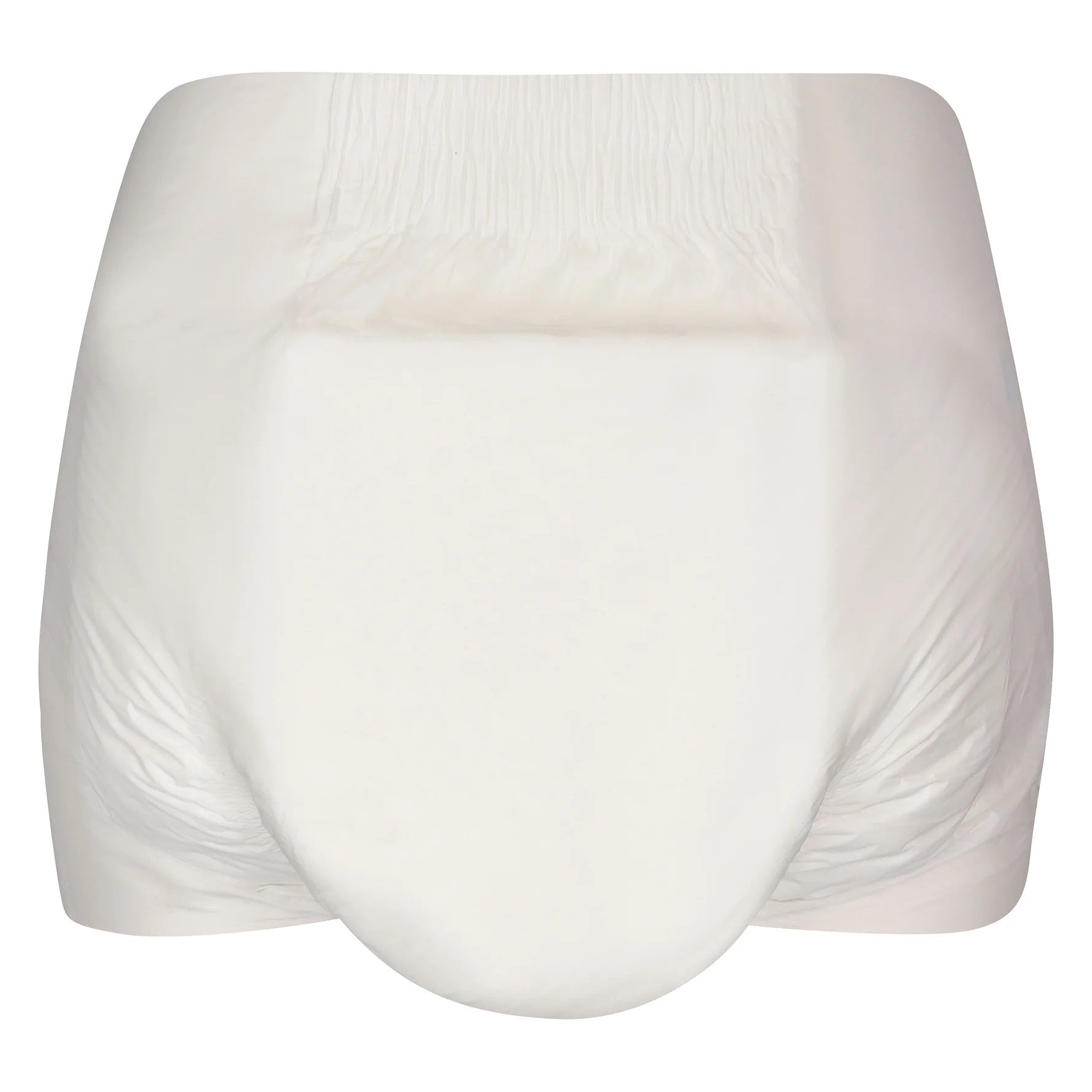 White adult pull-up style diaper viewed from back, blue tabs, plastic backing