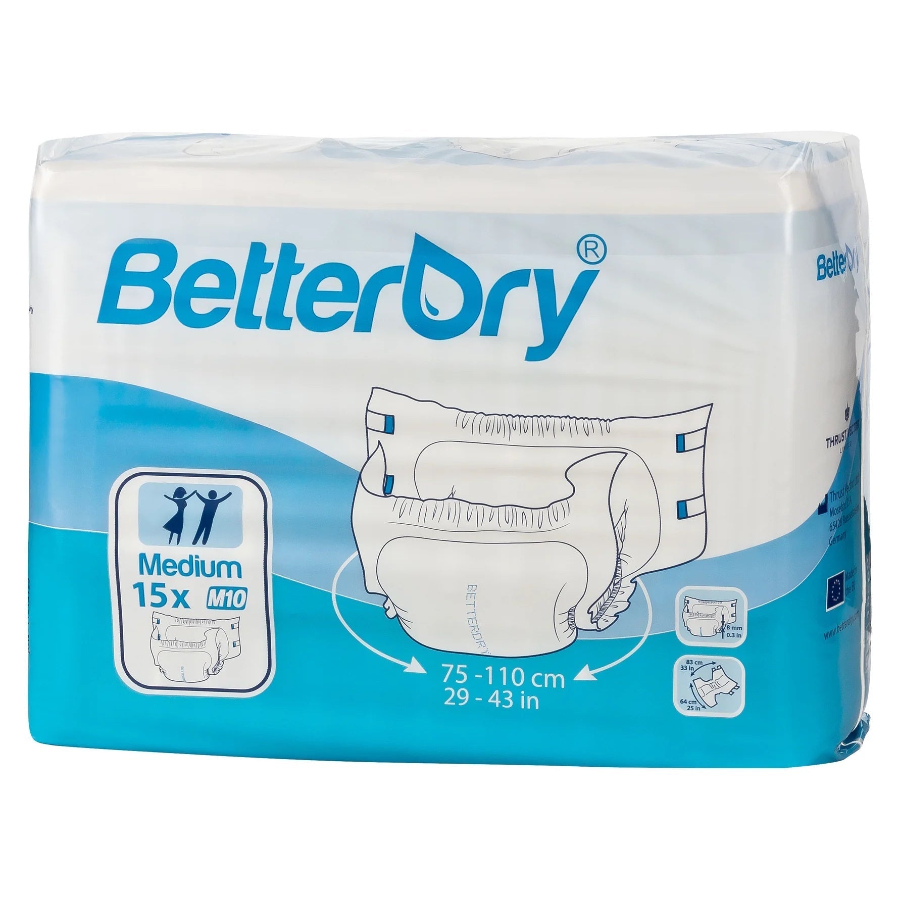 Adult diapers Medium M10, 15-count, plastic backing, blue-and-white package