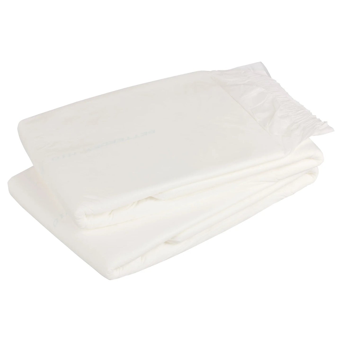 Stacked white adult diapers, folded, with blue fastening tabs, plastic backing