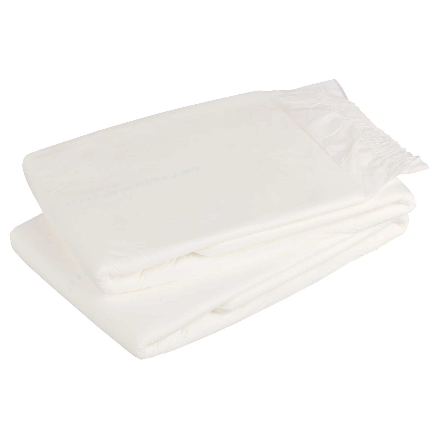 Stacked white adult diapers, folded, with blue fastening tabs, plastic backing