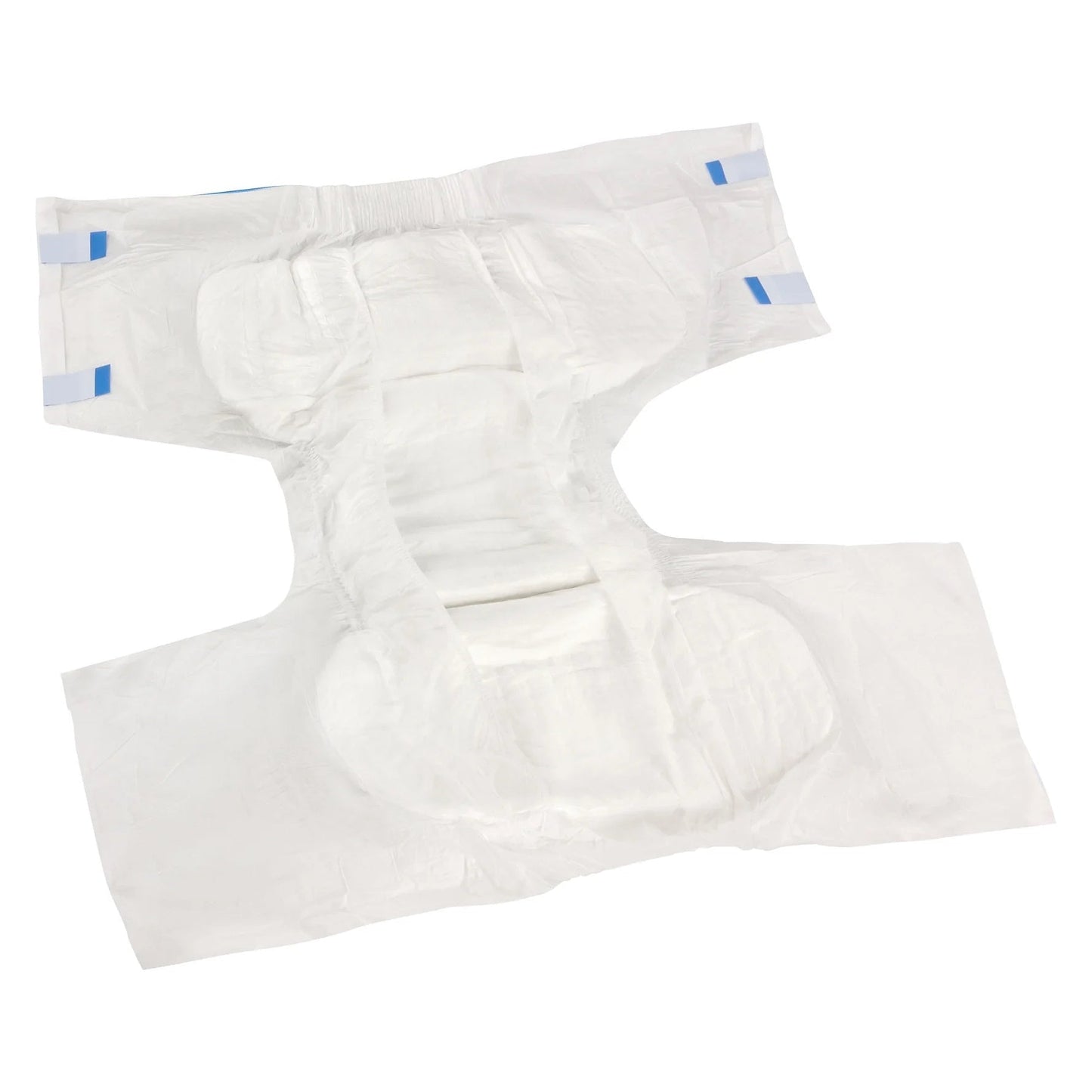 Opened adult diaper with blue fastening tabs, white absorbent core, plastic backing