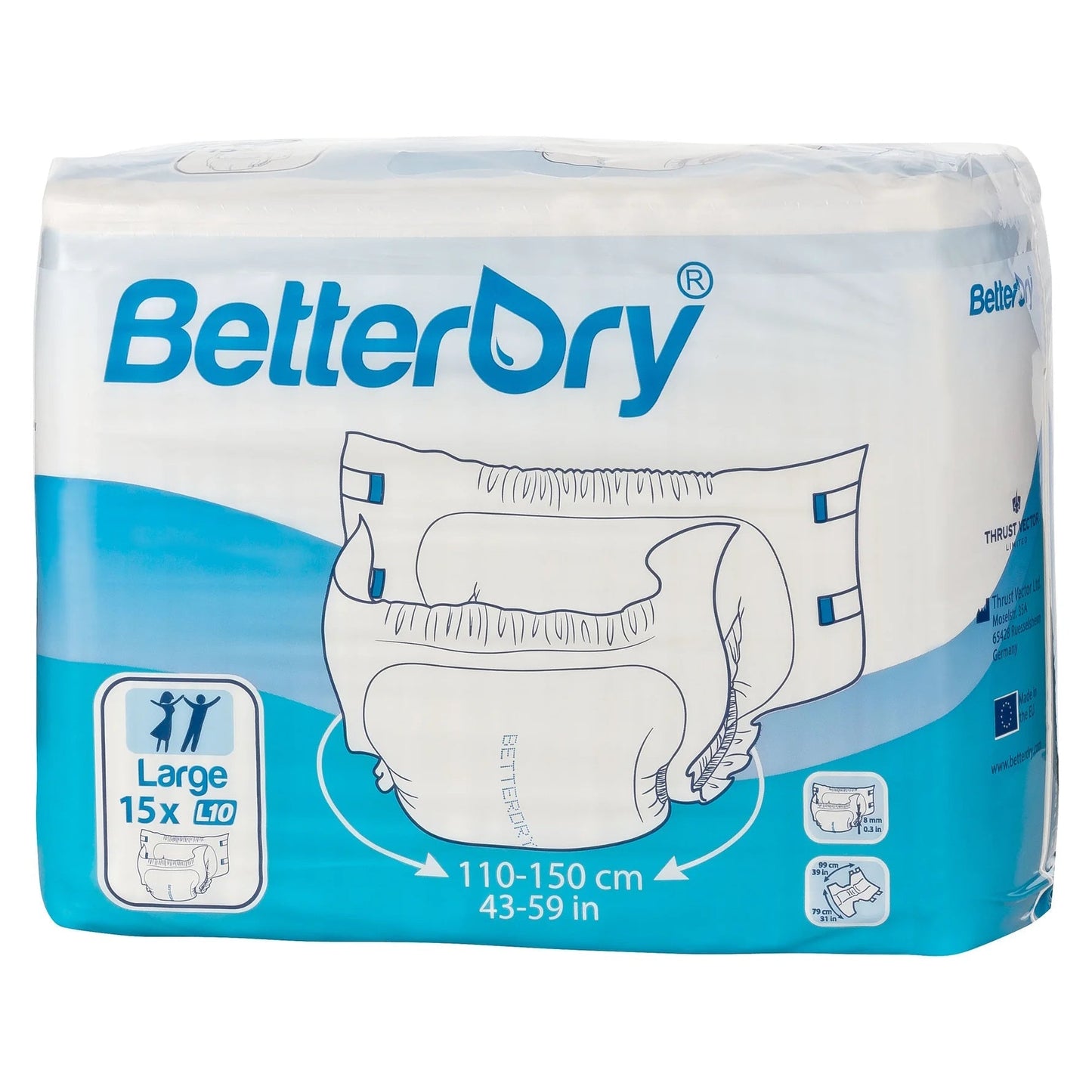 Adult diapers Large L10, 15-count, plastic backing, blue-and-white package
