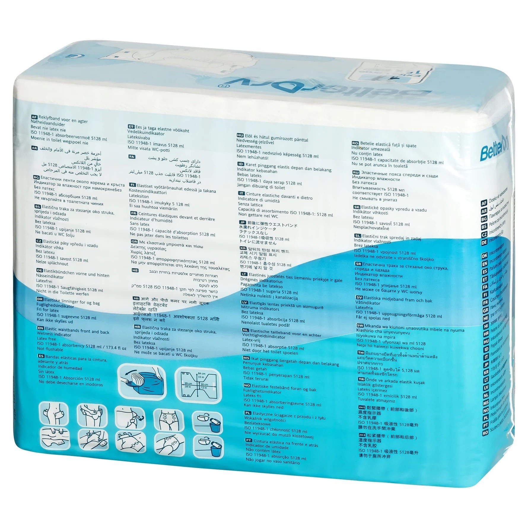 Back of adult diaper package with product info and usage diagrams, plastic backing